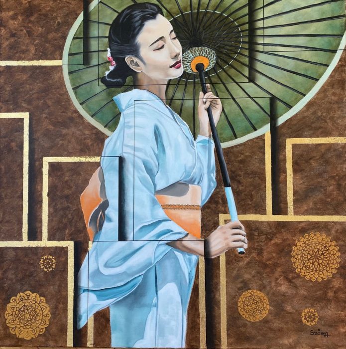 A csend mosolya-70x70-vászon-mixed media másolata- Szőnyi Andi festmények, akvarell, olaj, absztrakt, gésák, dívák, nappaliba és hálószobába